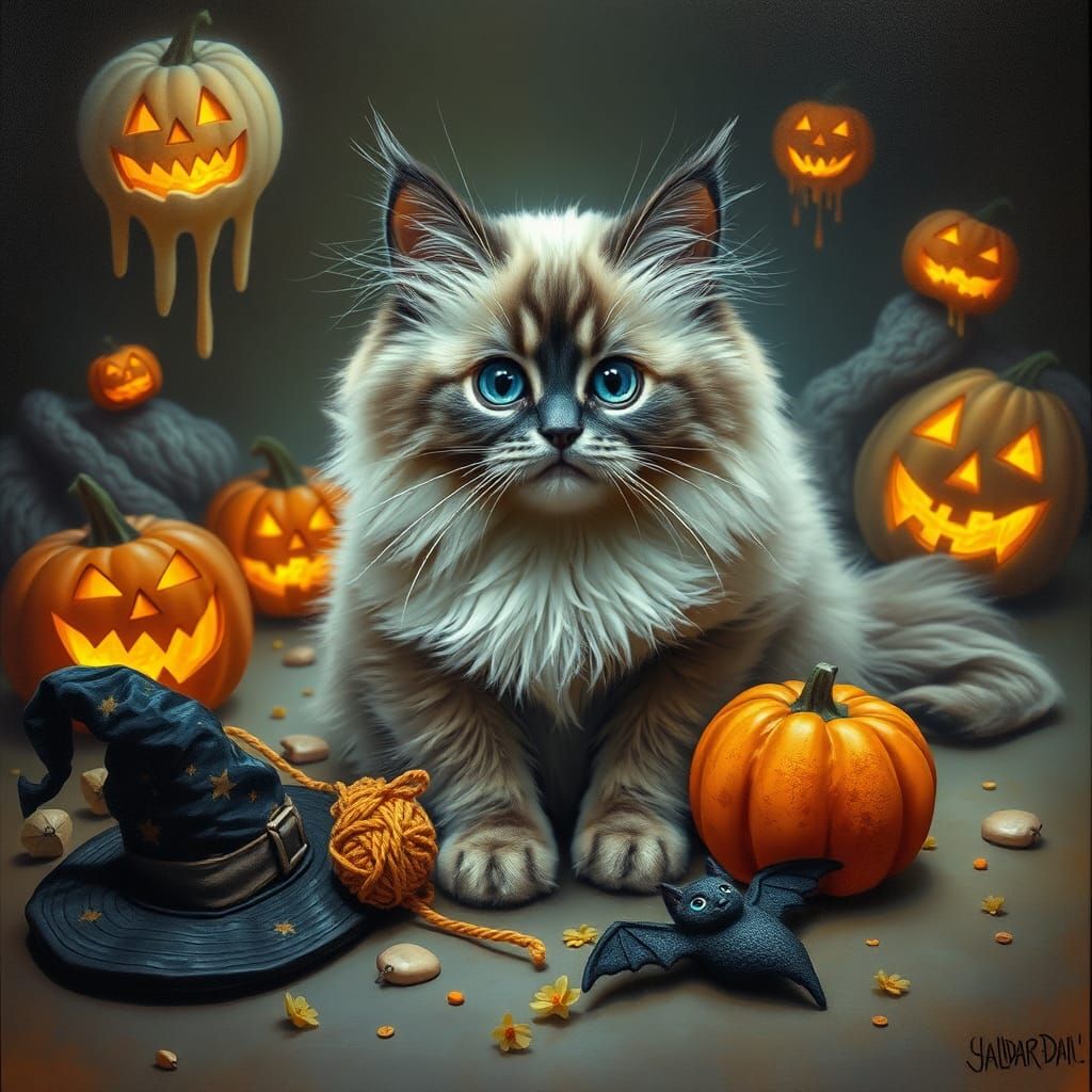 Himalayan Cat's Halloween Dreamscape in Dali Style