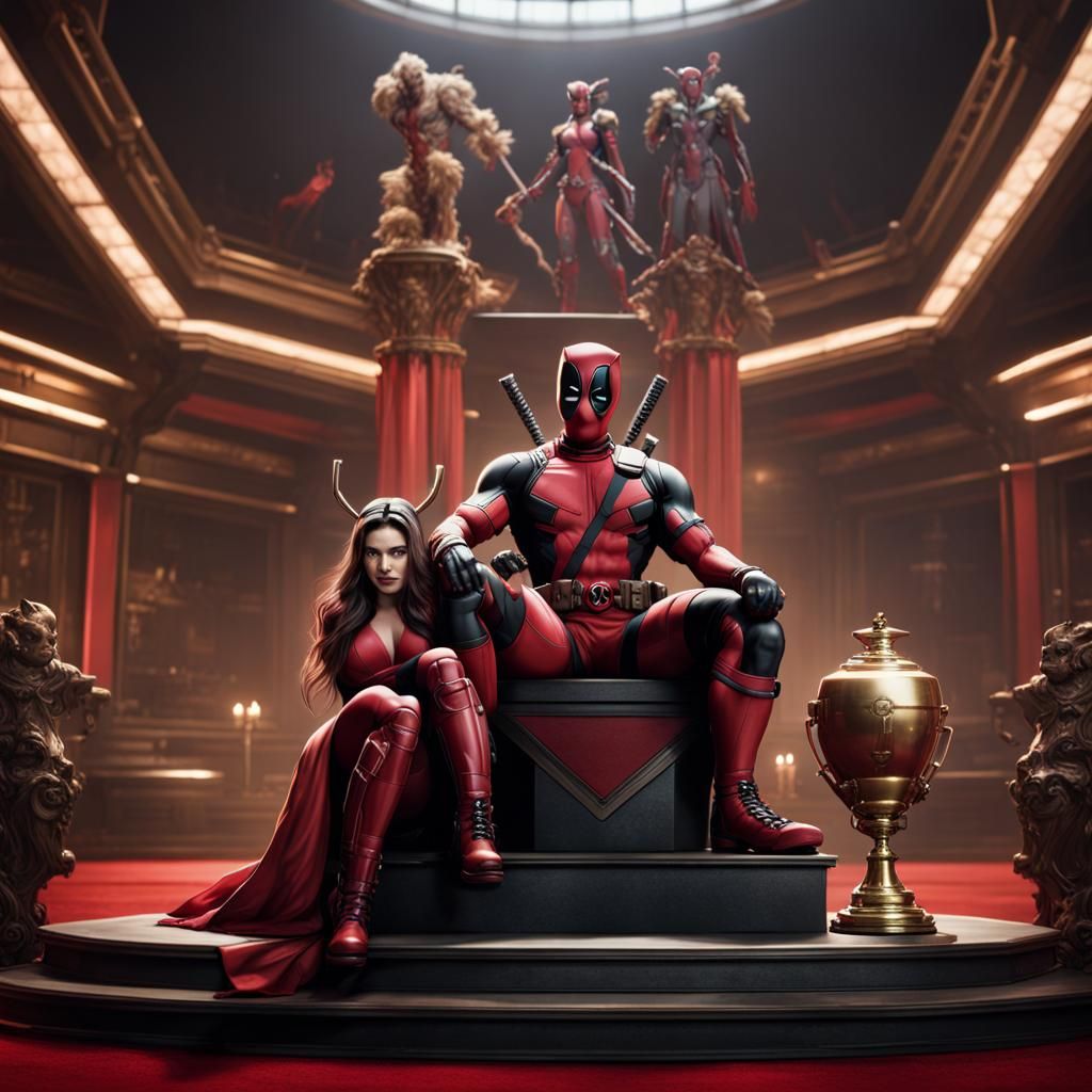 Deadpool and Scarlet Witch on a Podium with a Trophy in Fant...