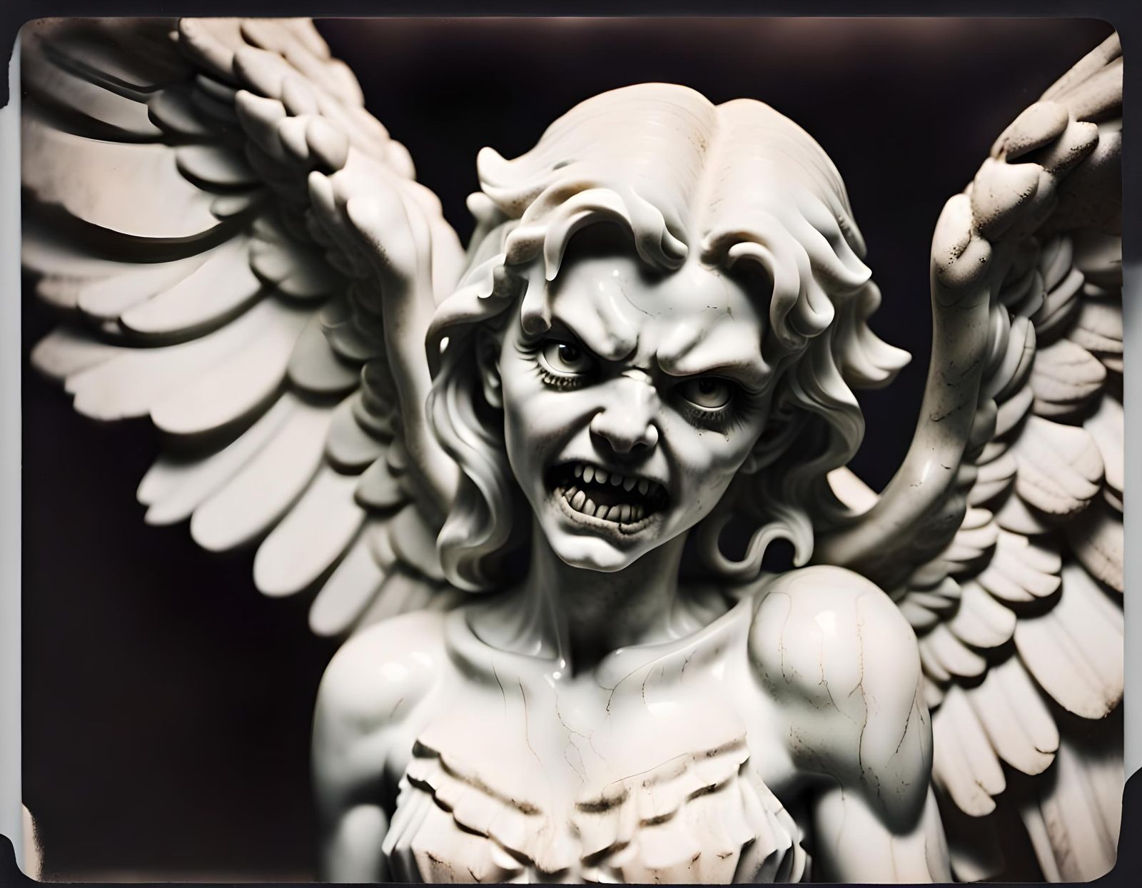 Aggressive Marble Angel in Vintage Polaroid Photo