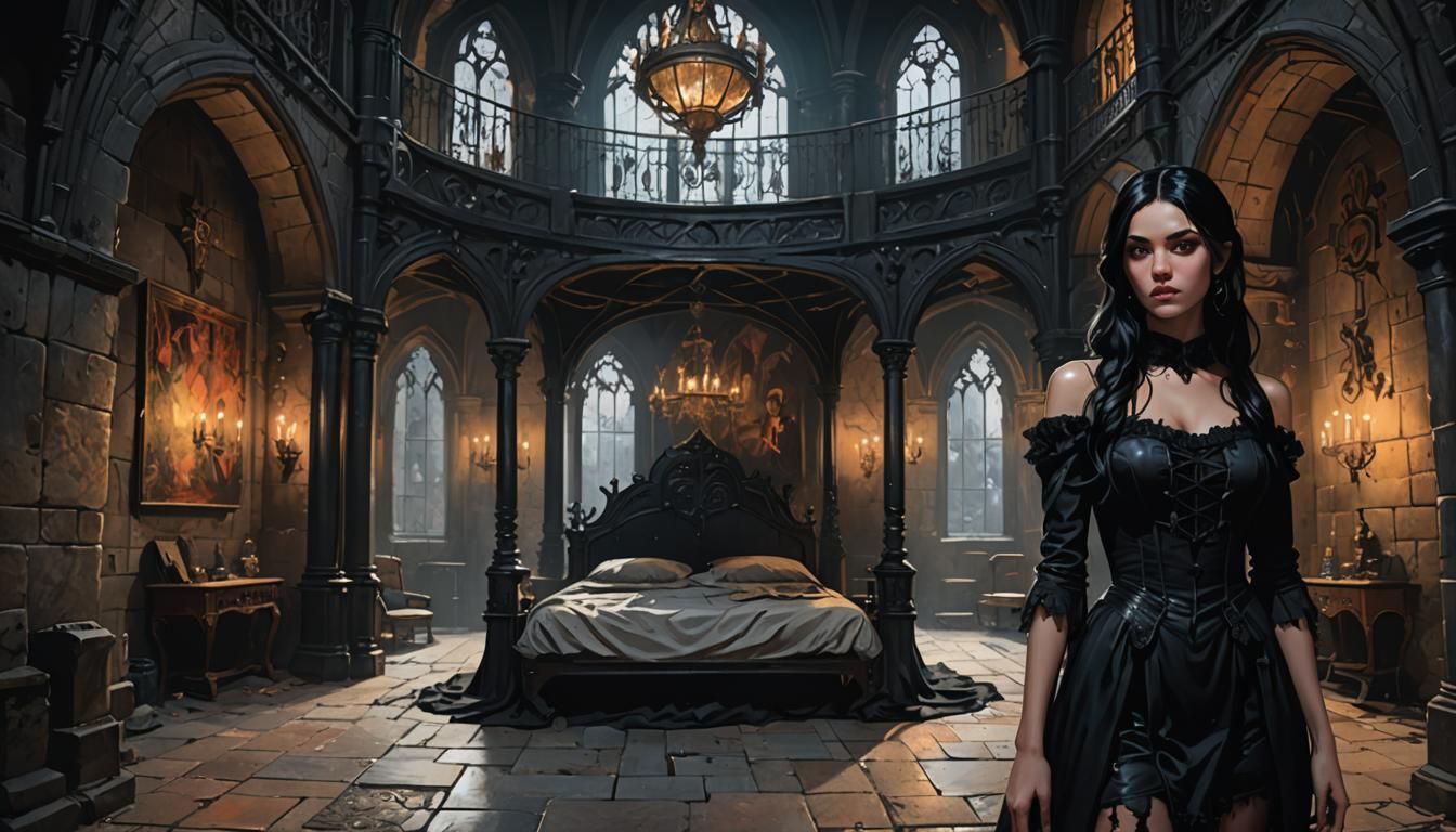Gothic Castle Chamber with Girl in Black Dress