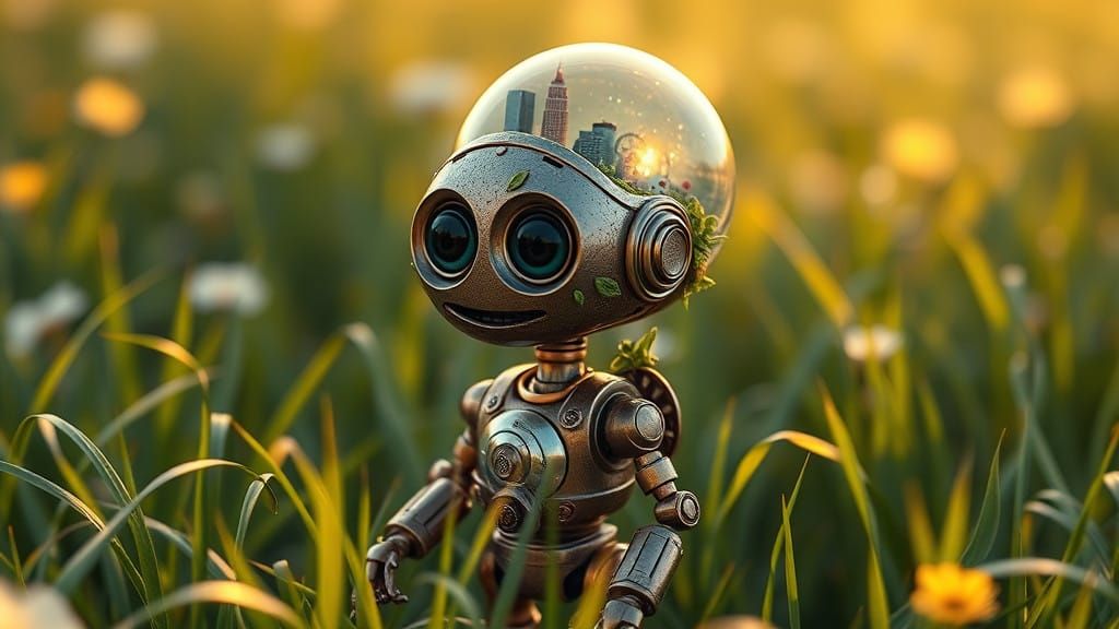 Whimsical Steampunk Robot in a Lush Meadow