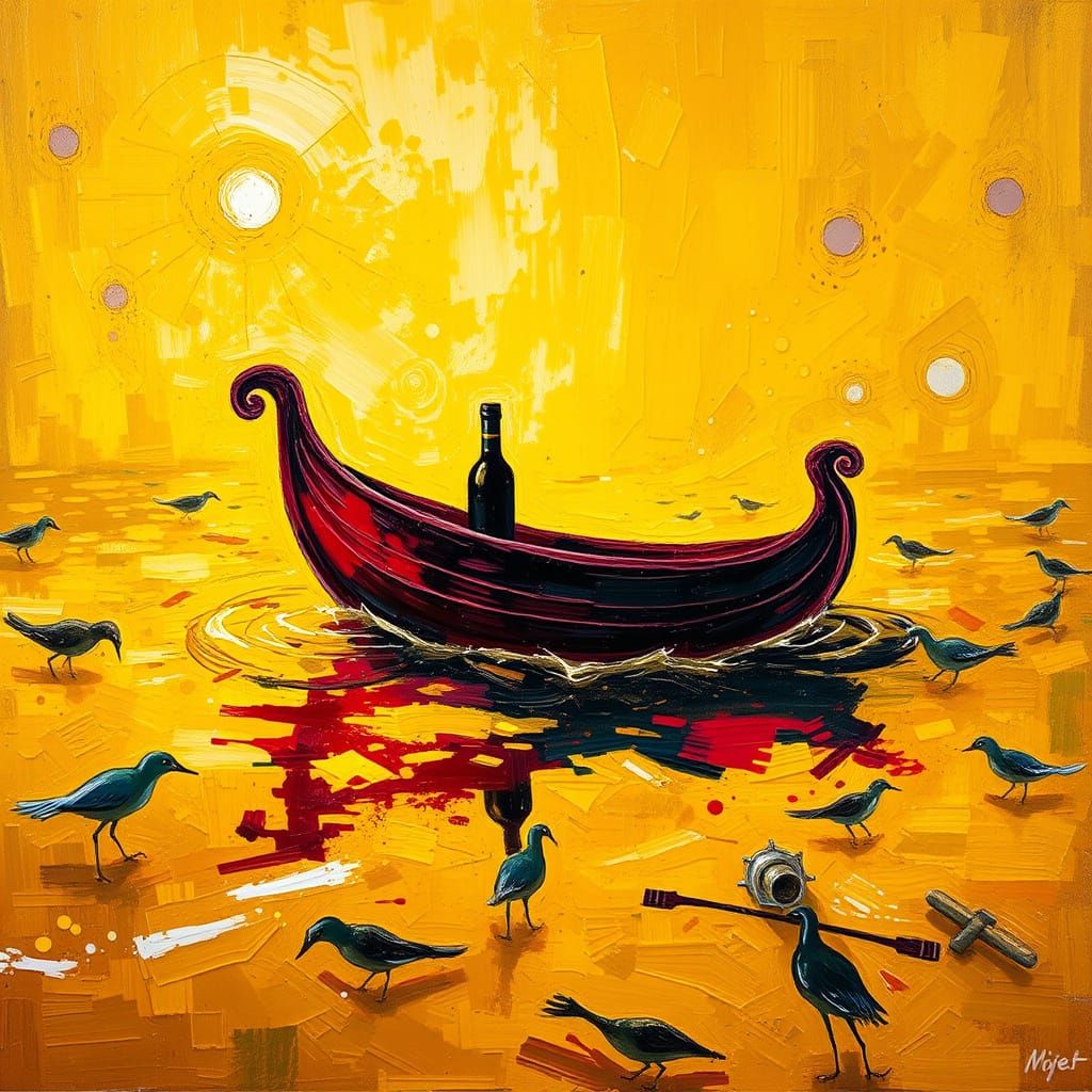 Wine Boat on Limoncello Sea: Expressionist Oil Painting