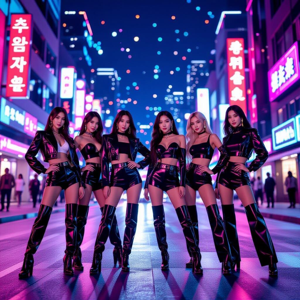 KATSEYE K-Pop Group Poses on Neon City Stage