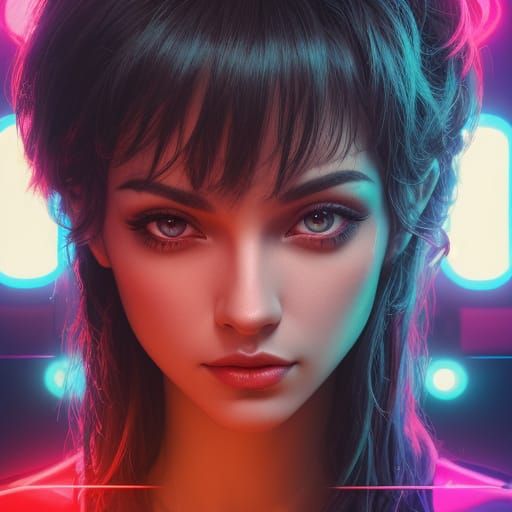 Surreal Portrait with Neon Text in Vibrant Colors