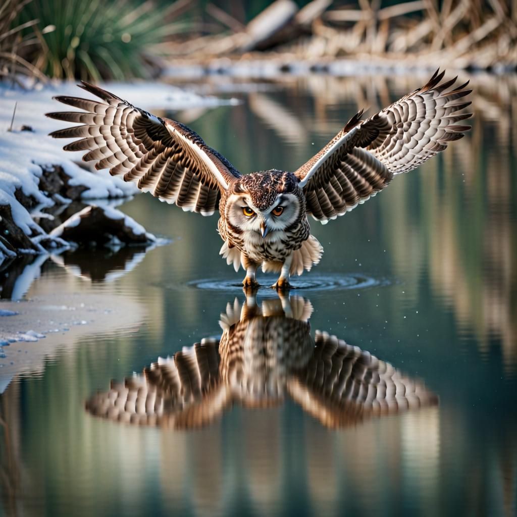 Owl's Reflection: Gliding Over Still Waters