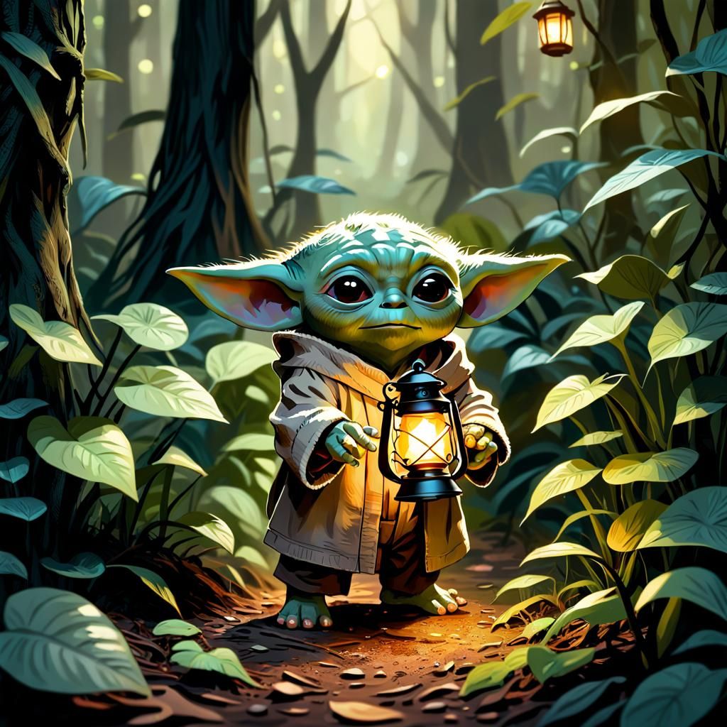 Baby Yoda's Forest Adventure: Hyperrealistic Splash Art