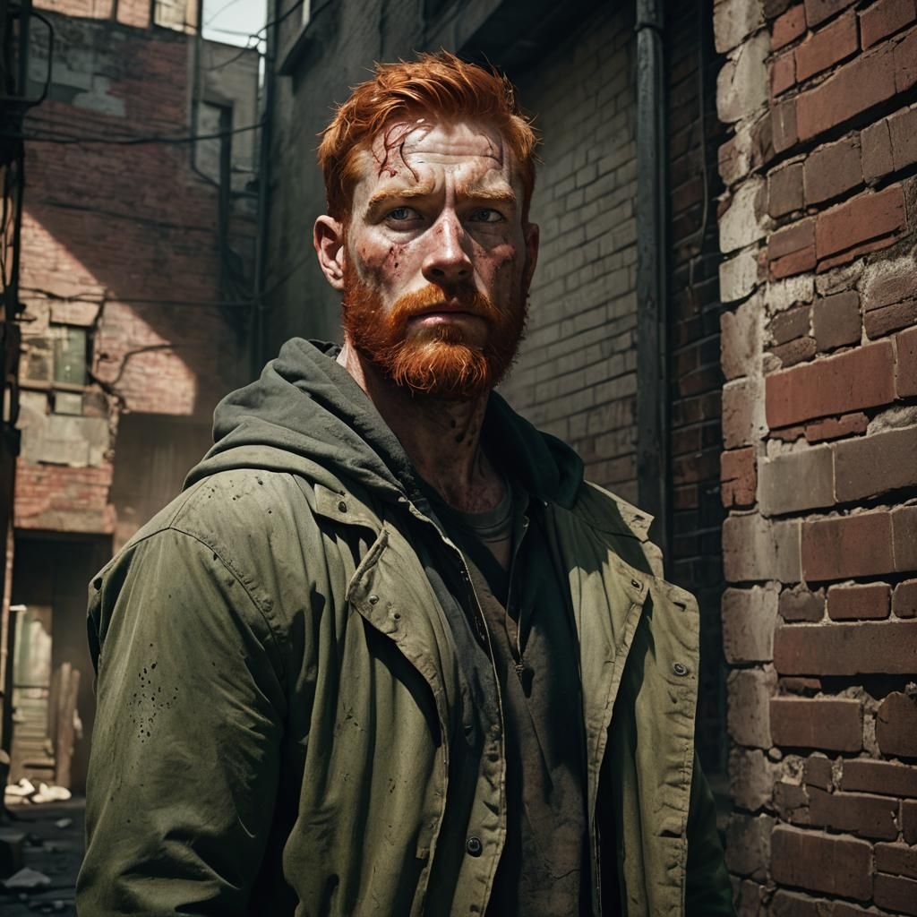 Cinematic Portrait of a Red-Haired Man in Alleyway