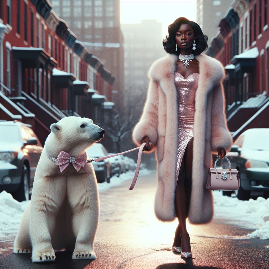 Woman Walks Polar Bear in Snowy Philadelphia Street