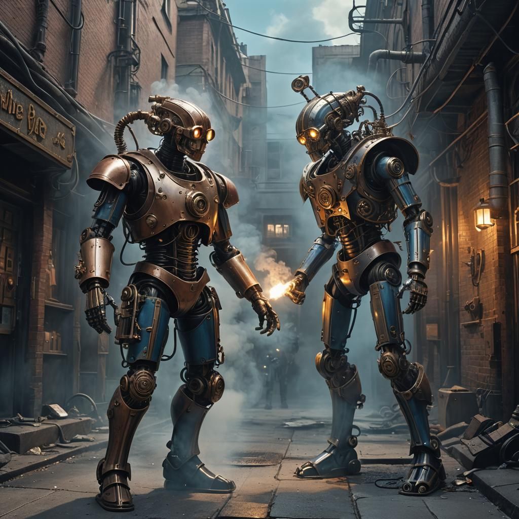 Steampunk Inventor vs Robotic Warrior in Sci-Fi Clash