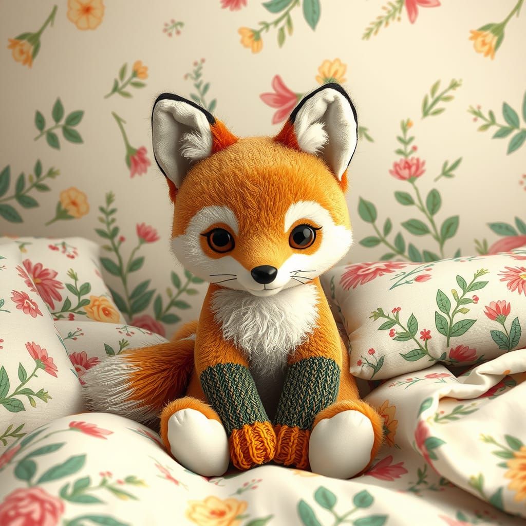 Whimsical Plush Fox in Pastel Bedroom Scene