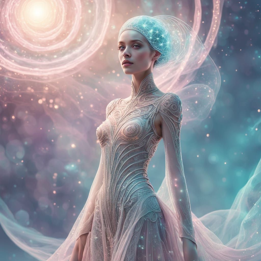 Surreal Cosmic Goddess in Elegant, Sparkling Attire