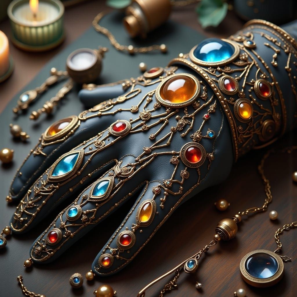 Beaded Leather Gauntlet with Circuit Patterns