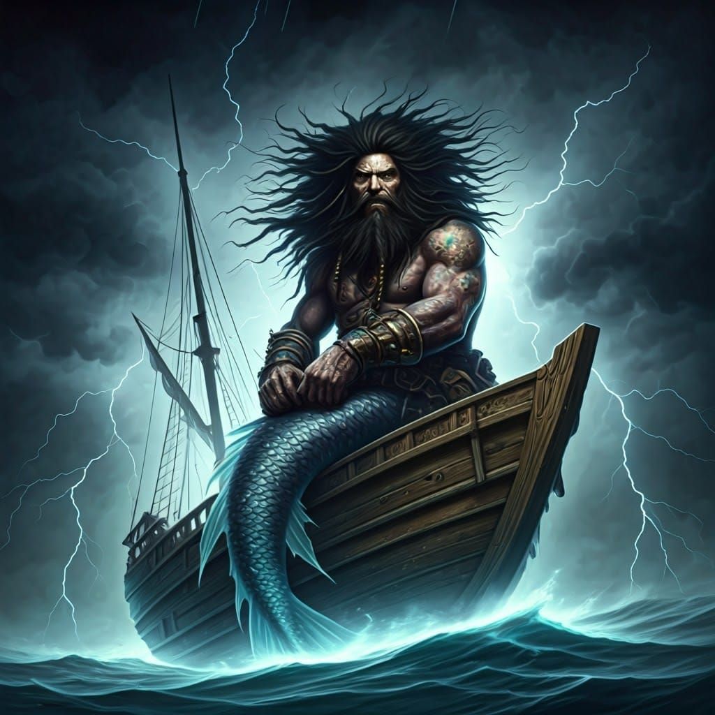 Ethereal Blackbeard Merman Rides Ghost Pirate Ship in Lightn...