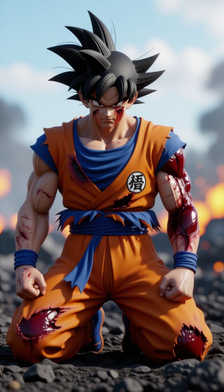 Son Goku Kneeling in Nuclear Battlefield, Hyperrealistic
