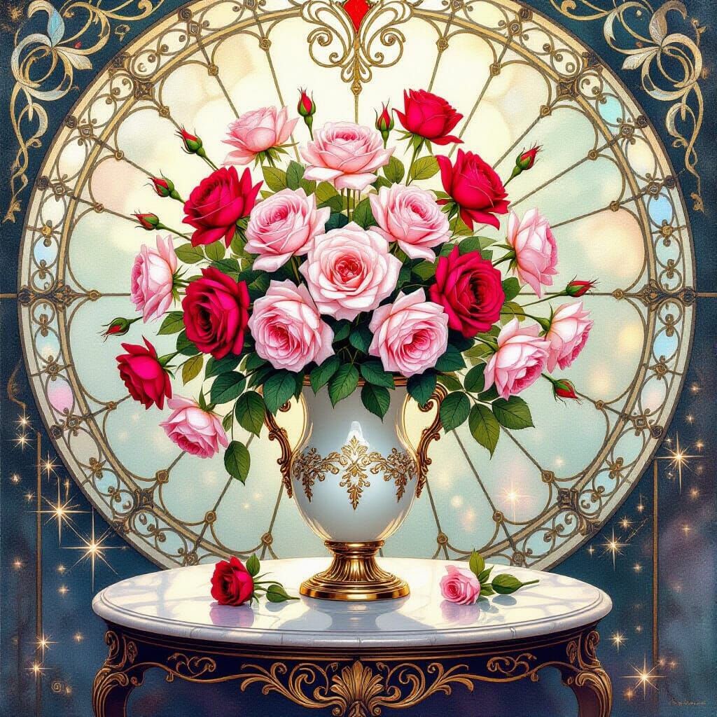 Vintage Porcelain Vase with Roses on Ornate Table