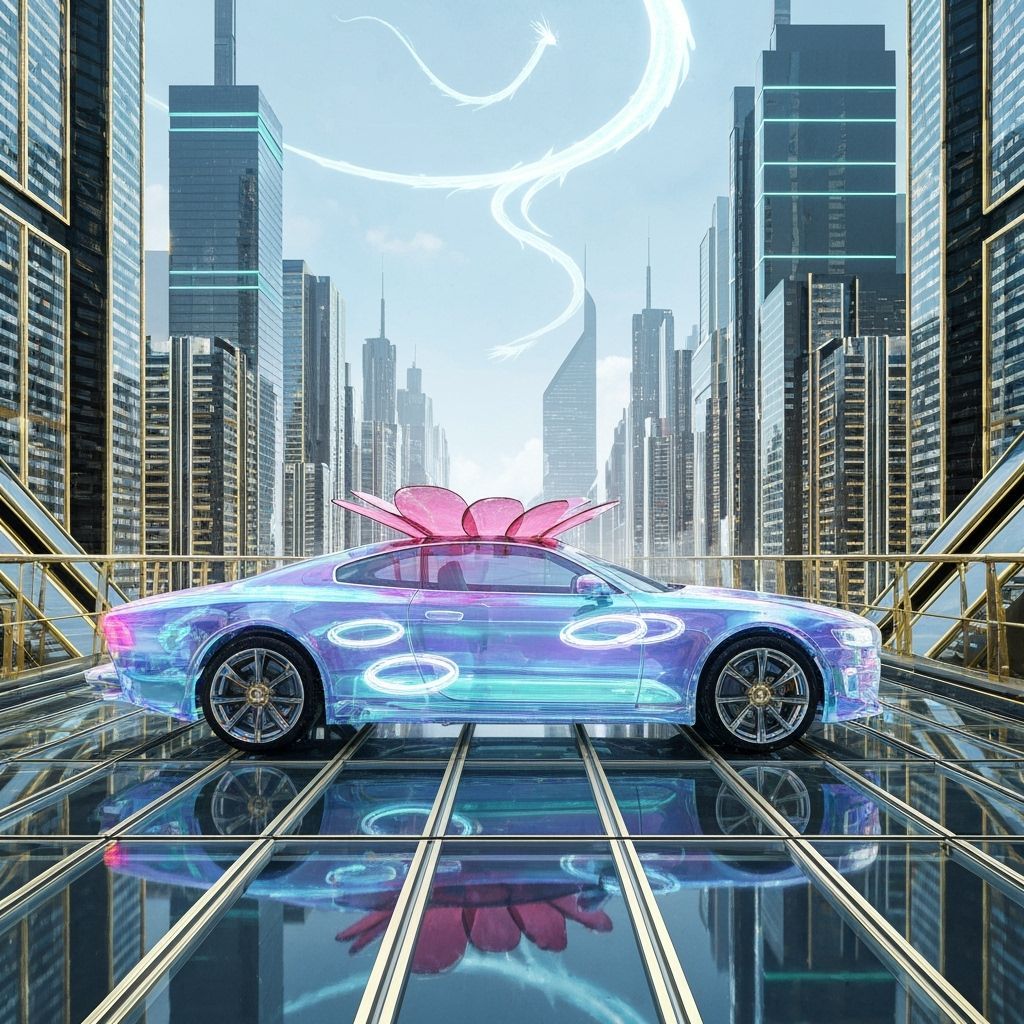 Futuristic Luxury Car on Glass Bridge in Cyberpunk City