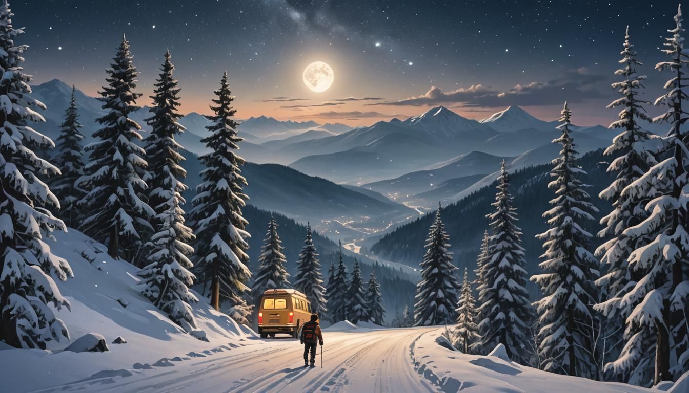 Climber on Snowy Mountain with Dreamy Moonlit Road