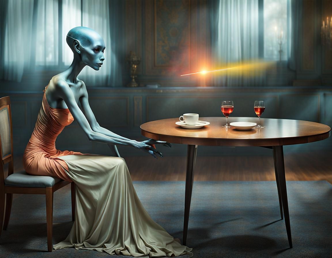 Beautiful Alien at Table in Polychromatic Haze