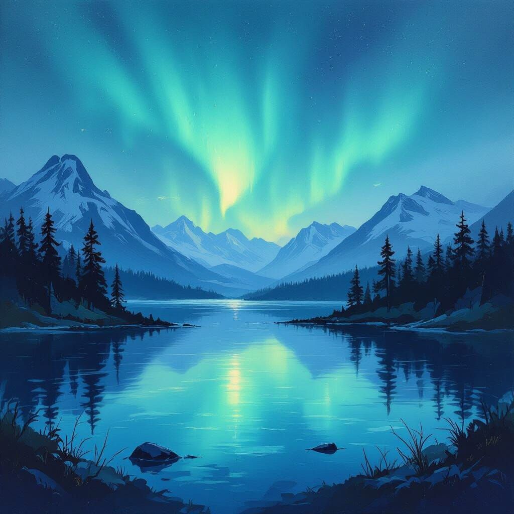 Impressionistic Aurora Borealis Over Tranquil Lake