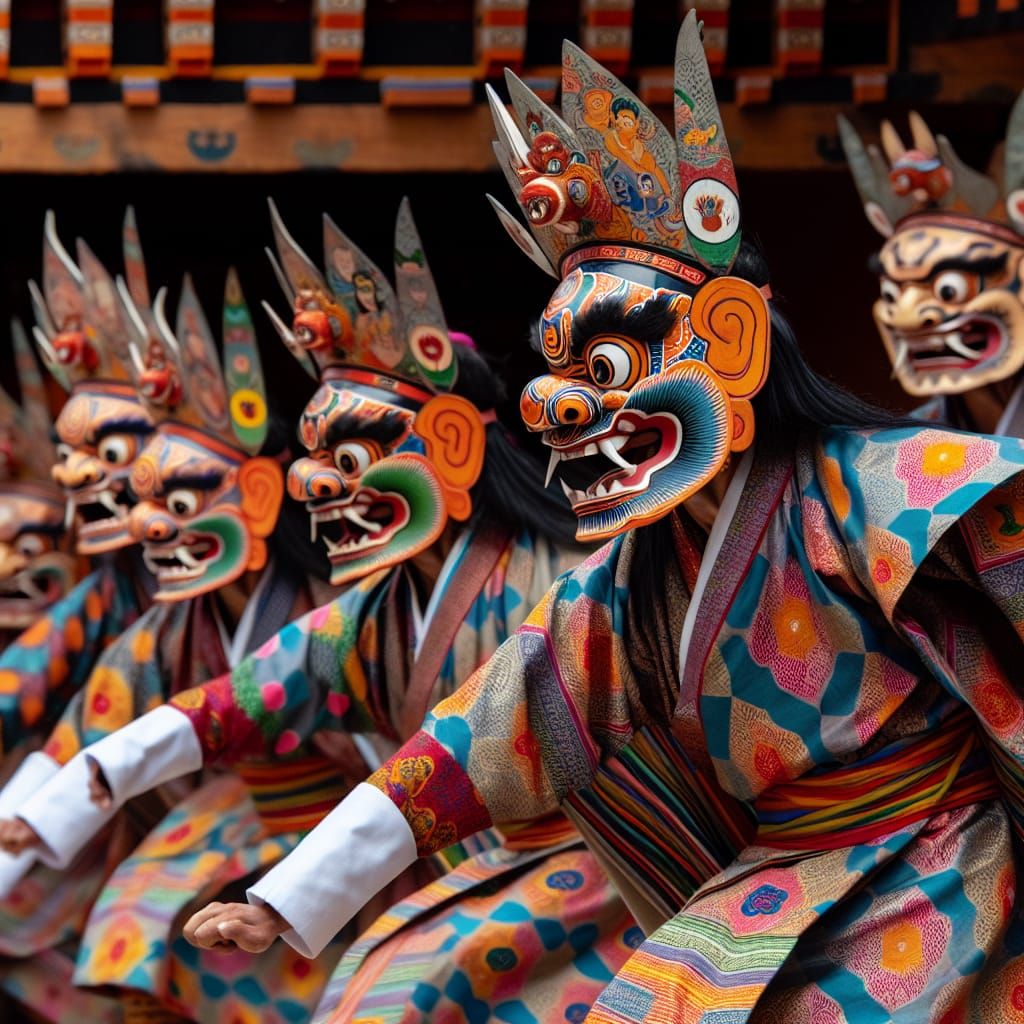 Bhutanese Drametse Ngacham Dancers in Colorful Masks