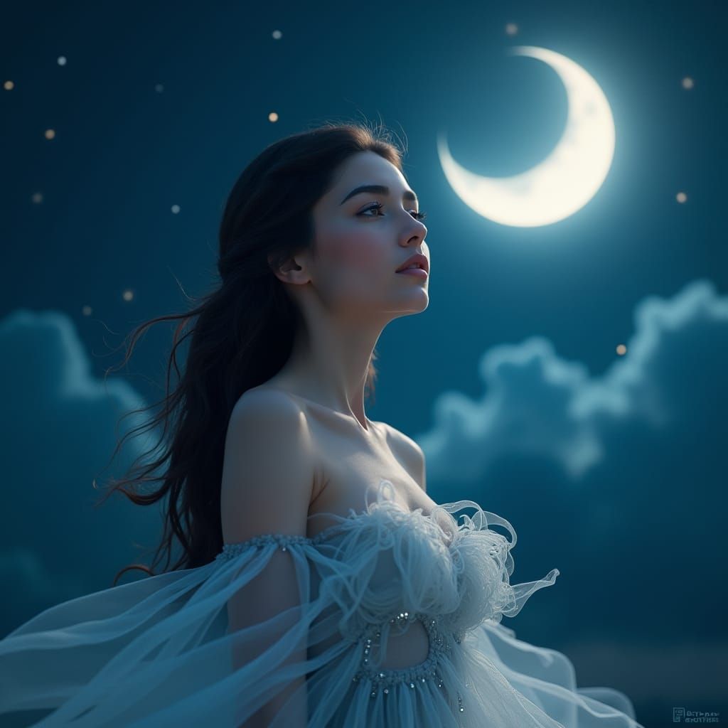 Ethereal Woman Under Moonlight: Fantasy Art