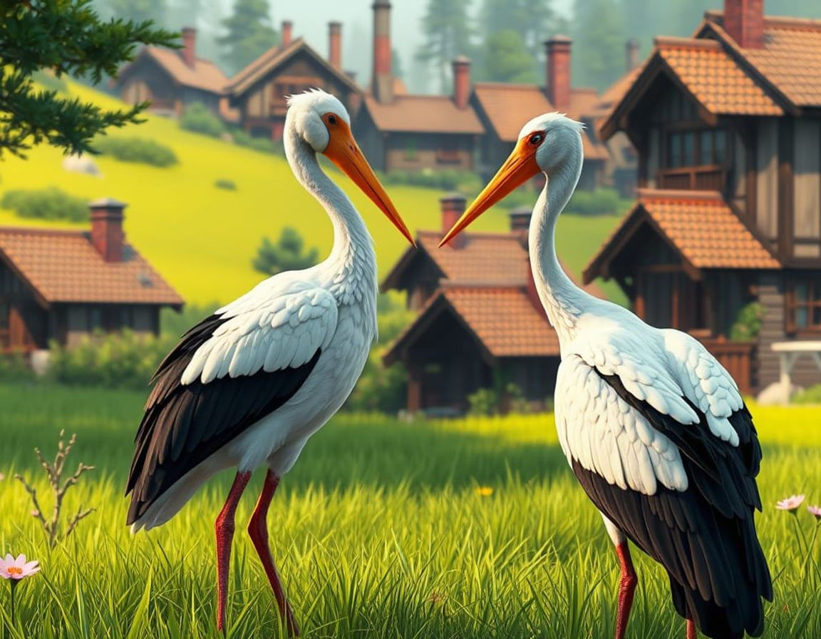 Two Cranes Standing on a Roof, Gazing at Each Other in a Qua...