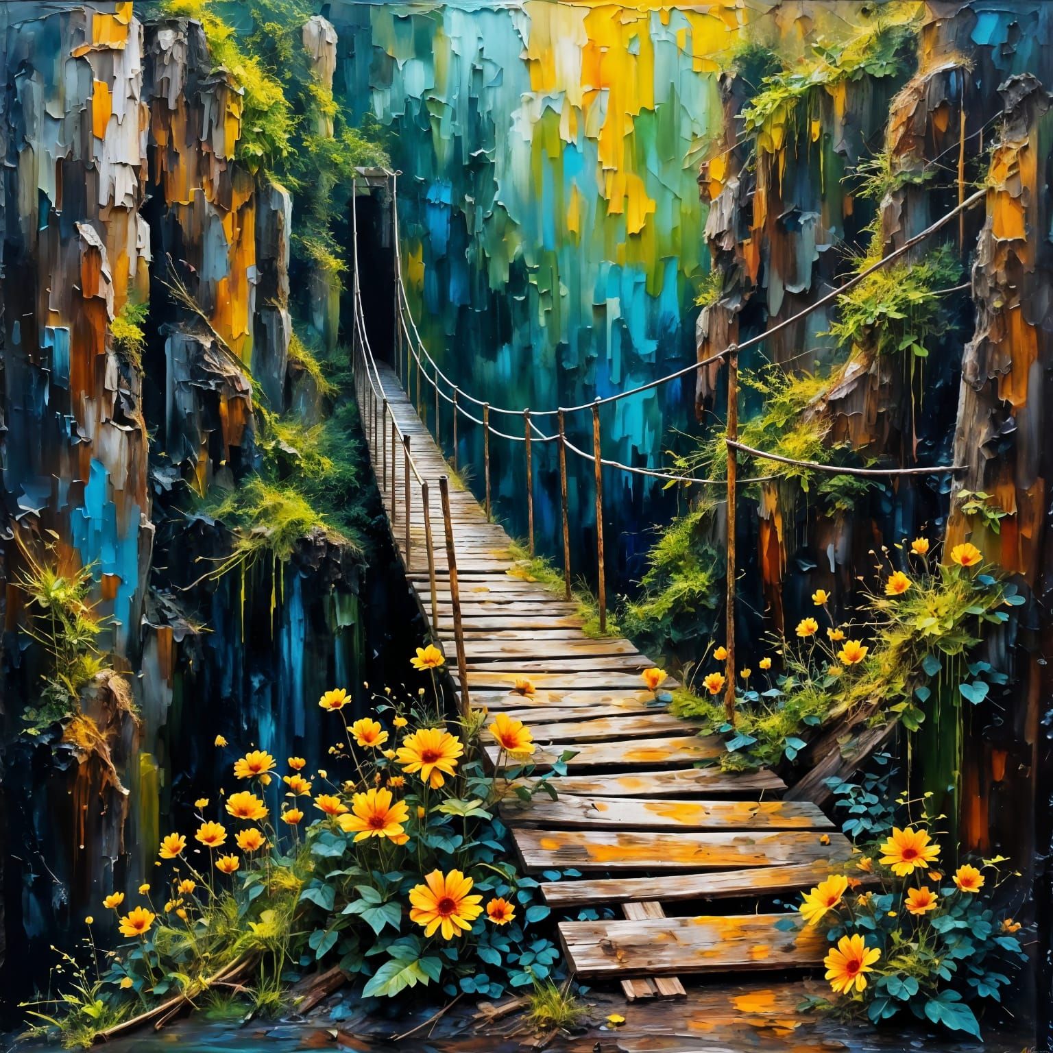 Ravine Bridge in Vibrant Neo-Expressionist Oil Painting
