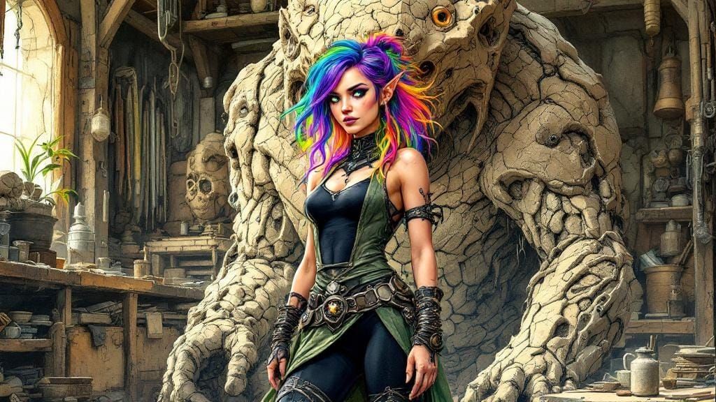 Wizard and Clay Golem in Detailed Pen and Ink Style