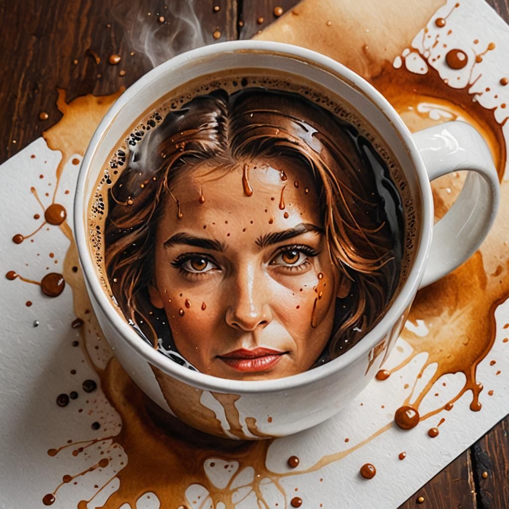 Coffee Mug Spill Creates Woman Portrait, Photorealistic