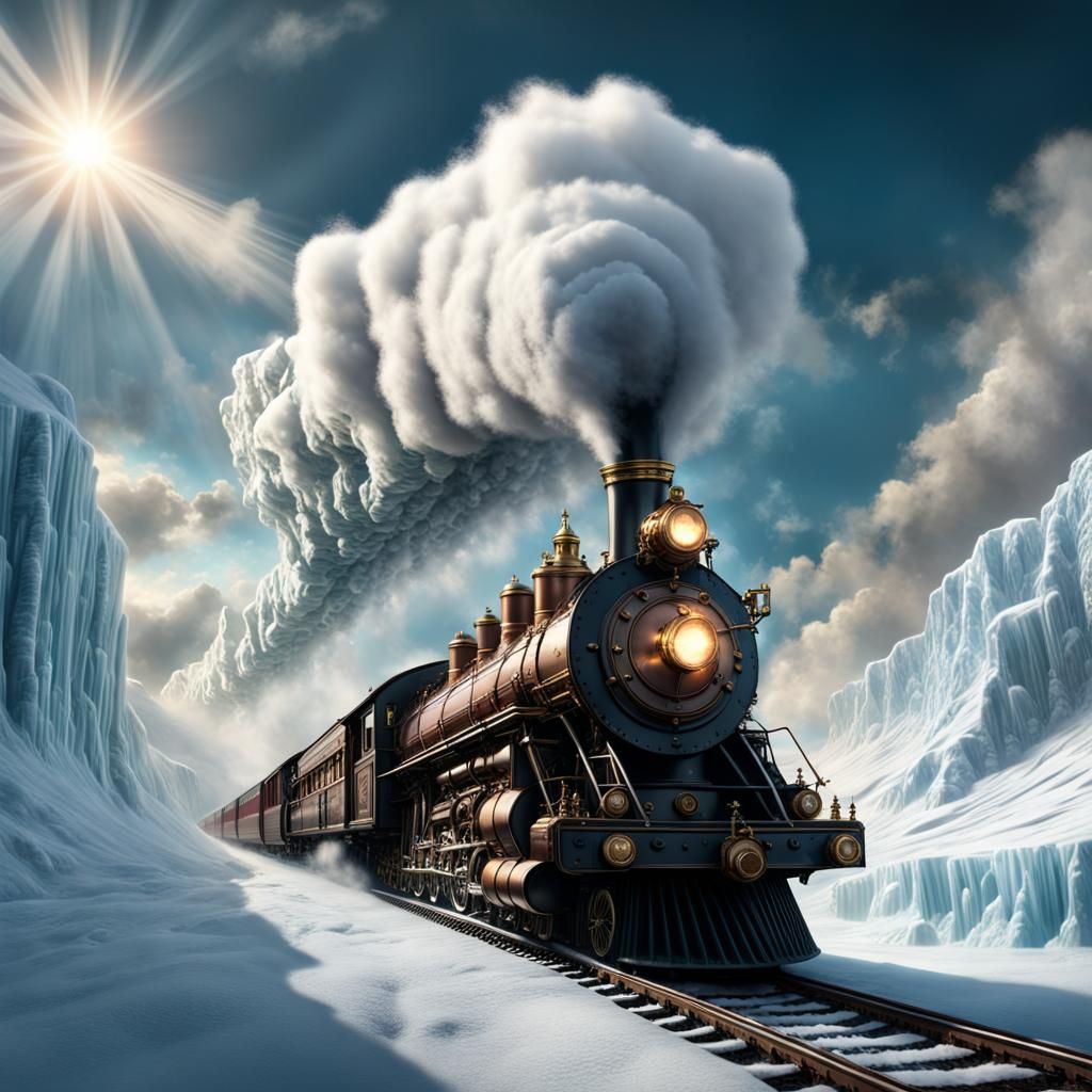 Steampunk Polar Express Rides Clouds in Digital Painting