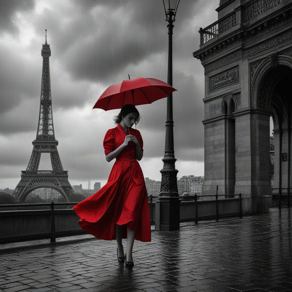 Femme Rouge Under Paris Rainy Night, Eiffel Tower Shine