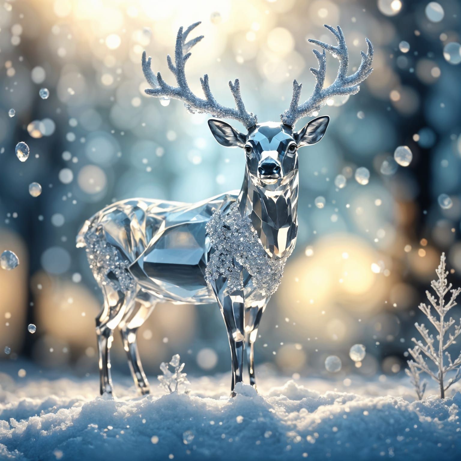 Elegant Crystal Deer in Snowy Light, 4K