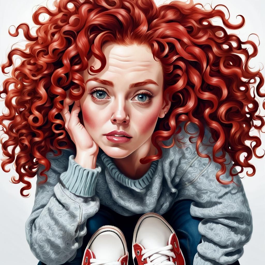 Woman with Red Curls in Abstract Style