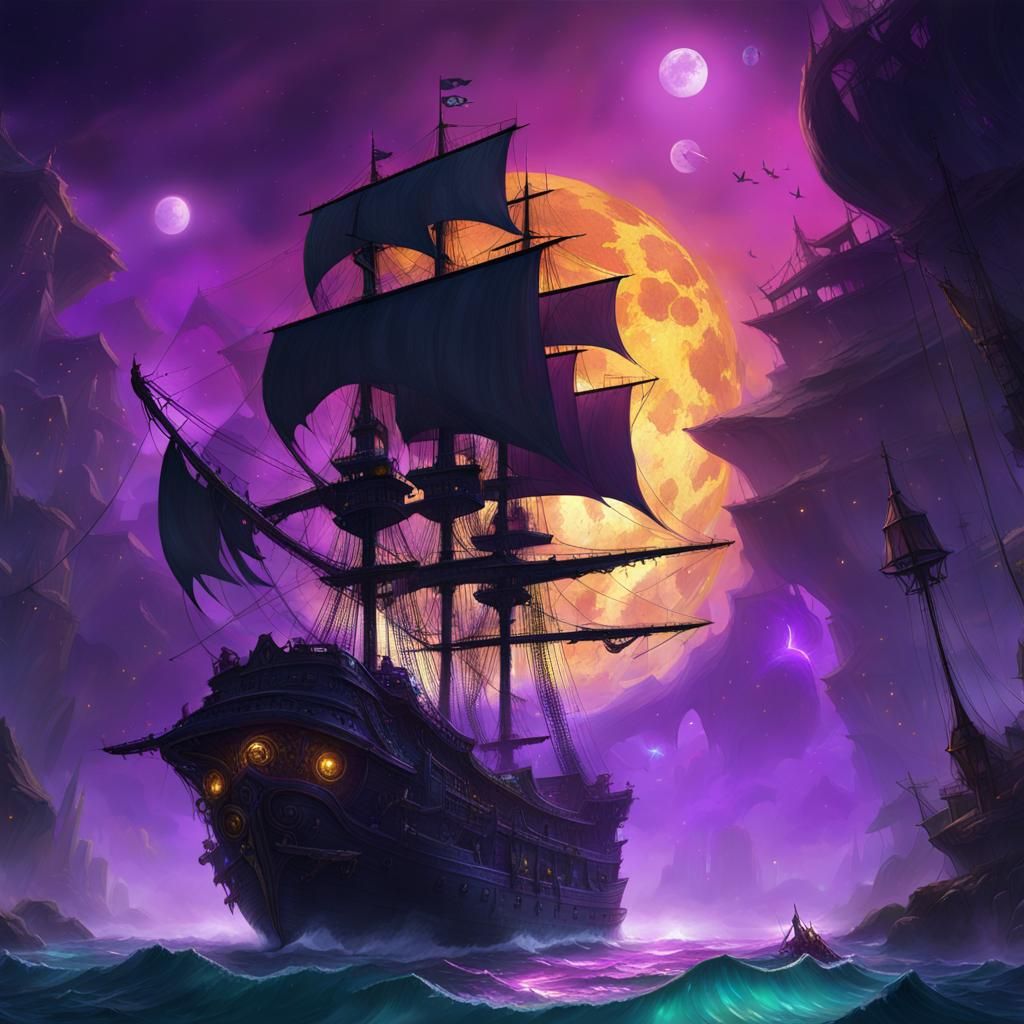 Cosmic Shadow Assassin Pirate Ship: Dark Fantasy Art