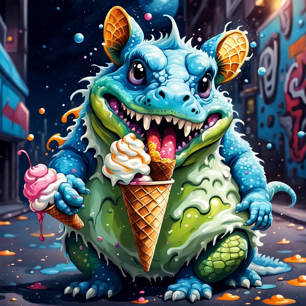 Cute Blue Reptile in Space Graffiti Art