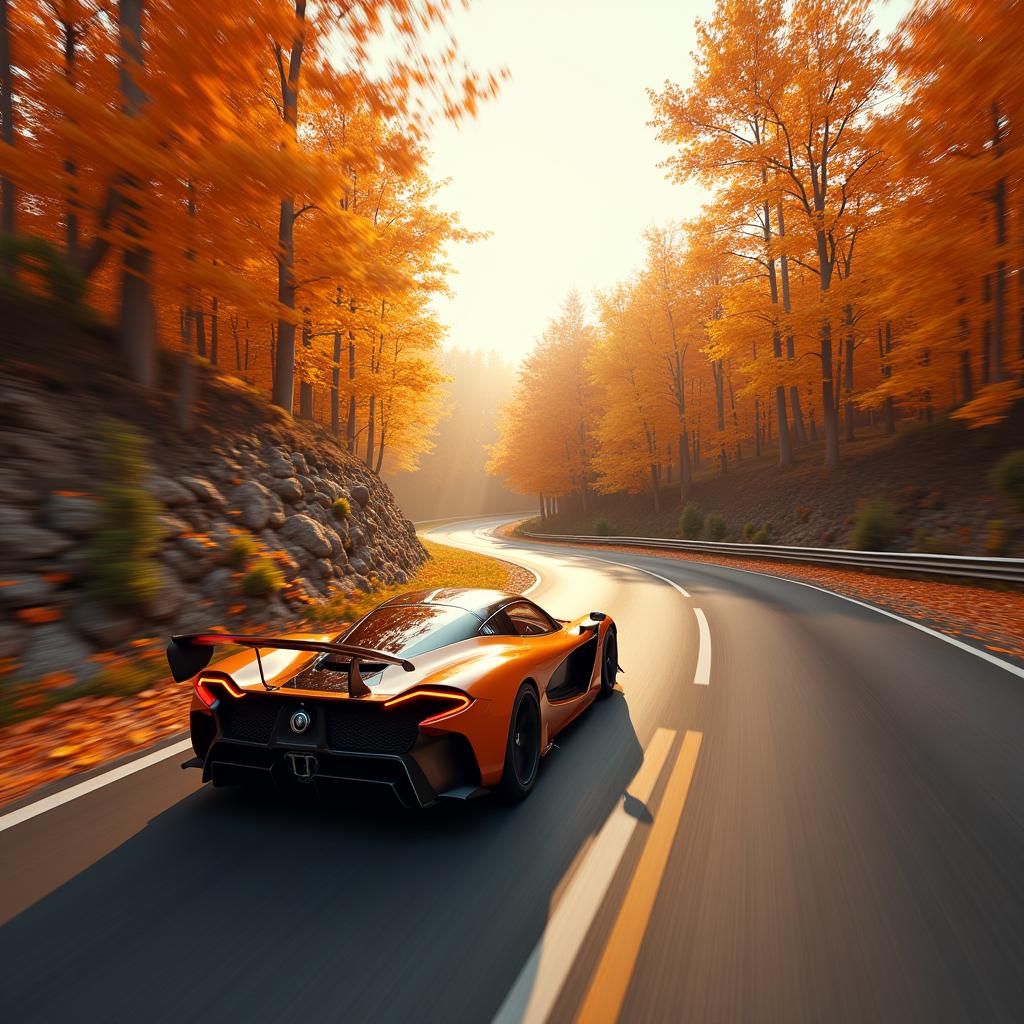 Racing Car on Autumn Highway: Futuristic Concept Art