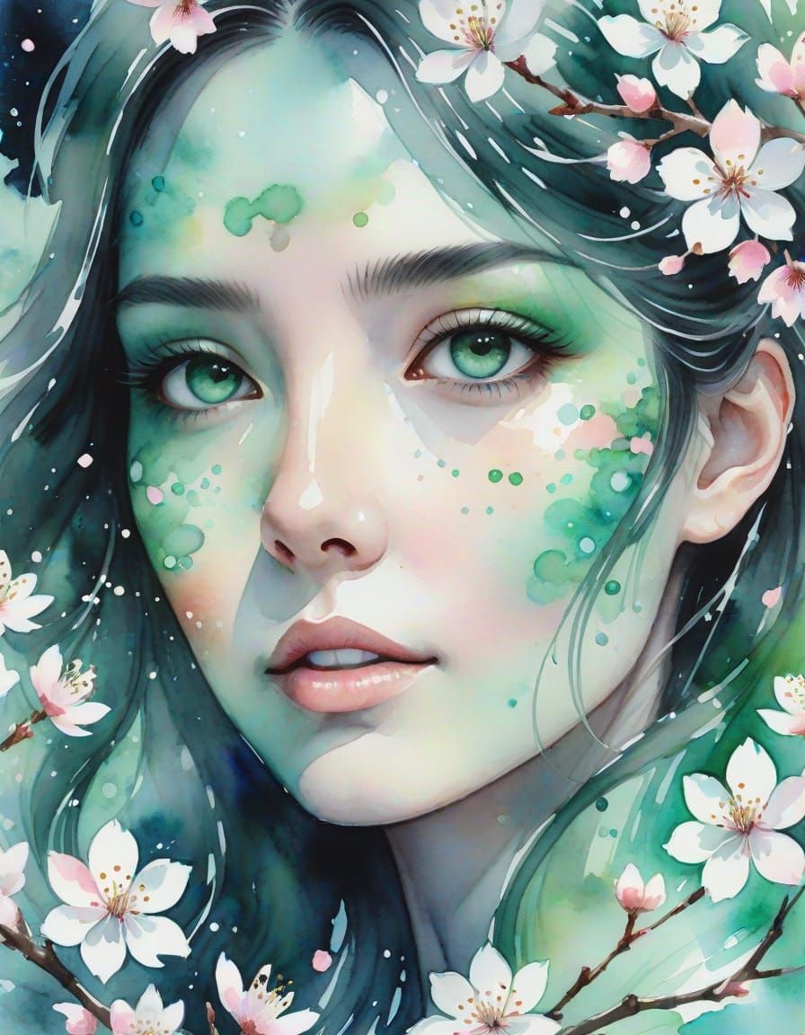 Watercolor Portrait of Woman with Cherry Blossoms