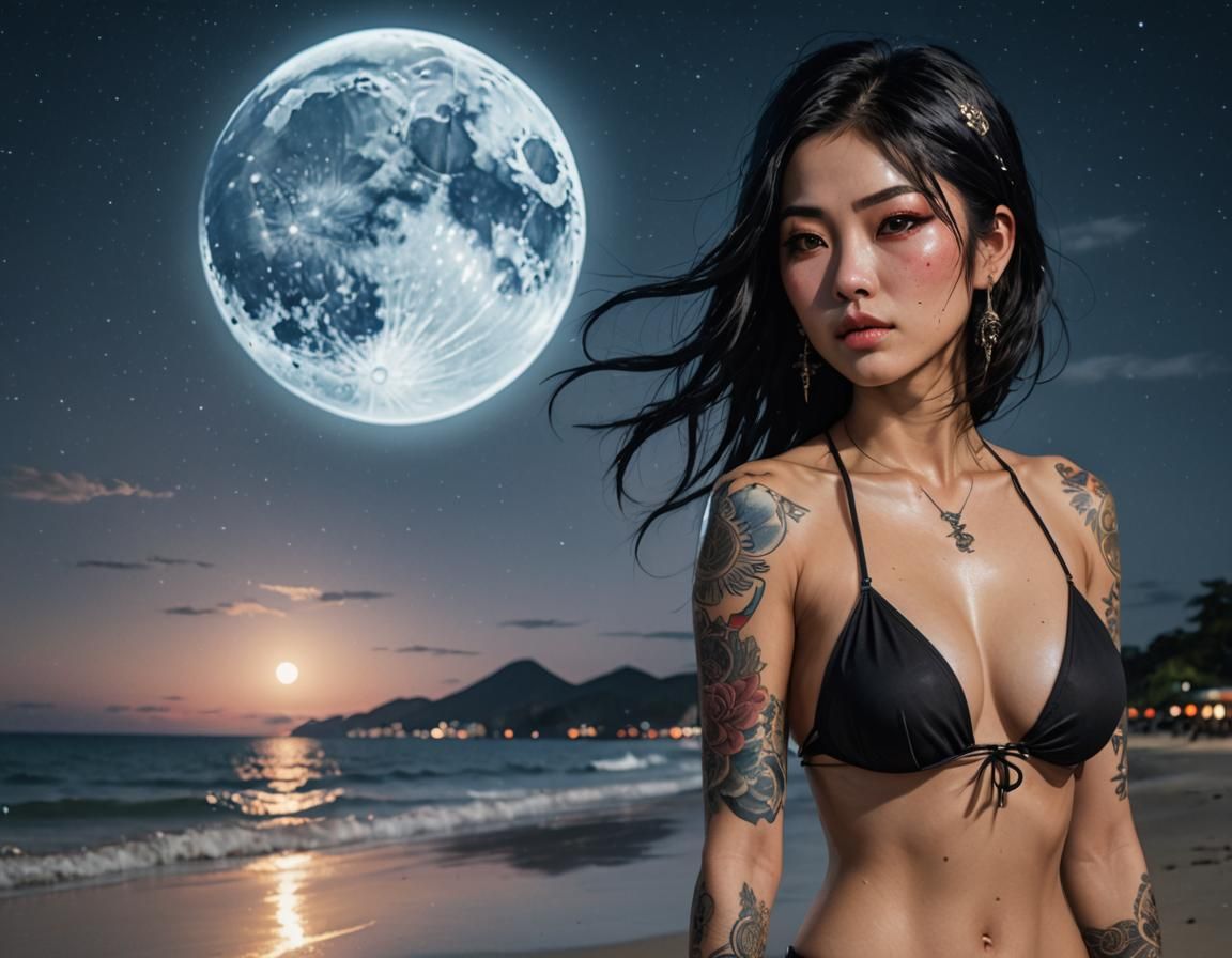 Japanese woman, beautiful eyes, black hair, tattoos, bikini, standing on the beach, clear night sky, bright moon, high r...