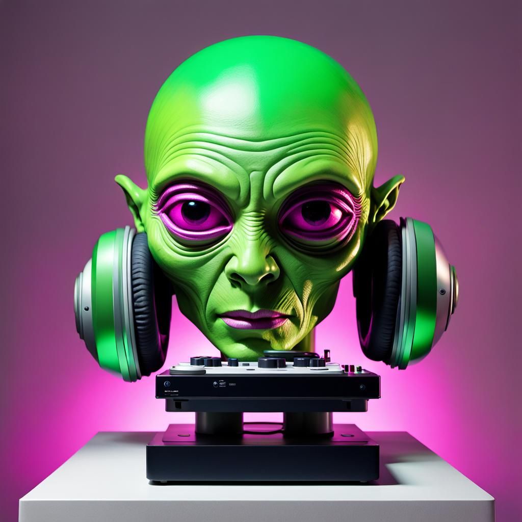 hyperrealistic sculpture of a glossy shiny alien playing dj music dusted with magenta and lime green spraypaint in a Egy...