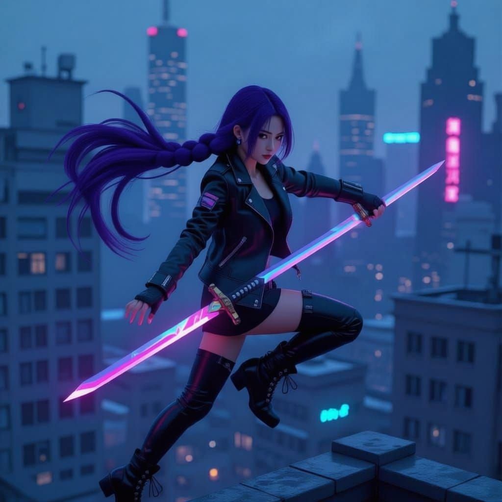 Cyberpunk Korean Girl Leaps Across Rooftops with Holographic...