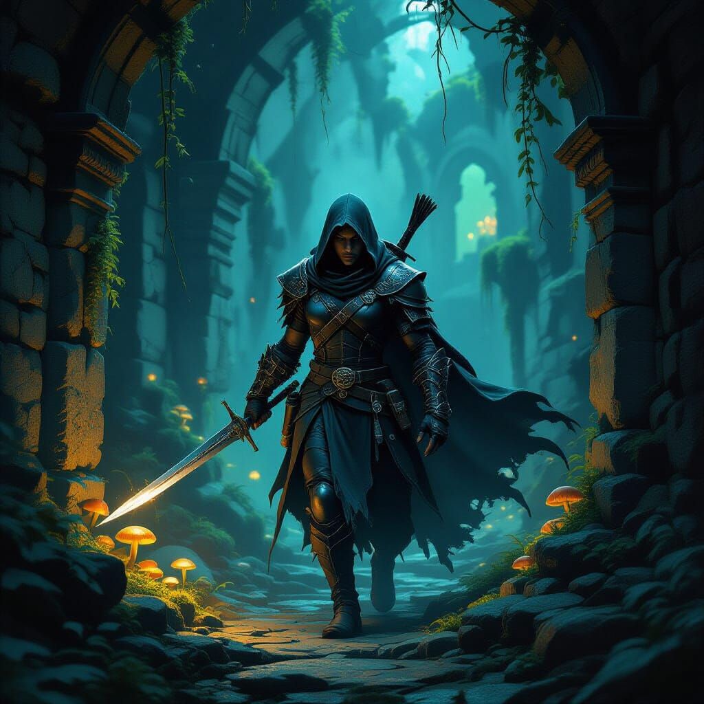 Tiefling Rogue in Ancient Ruins Concept Art