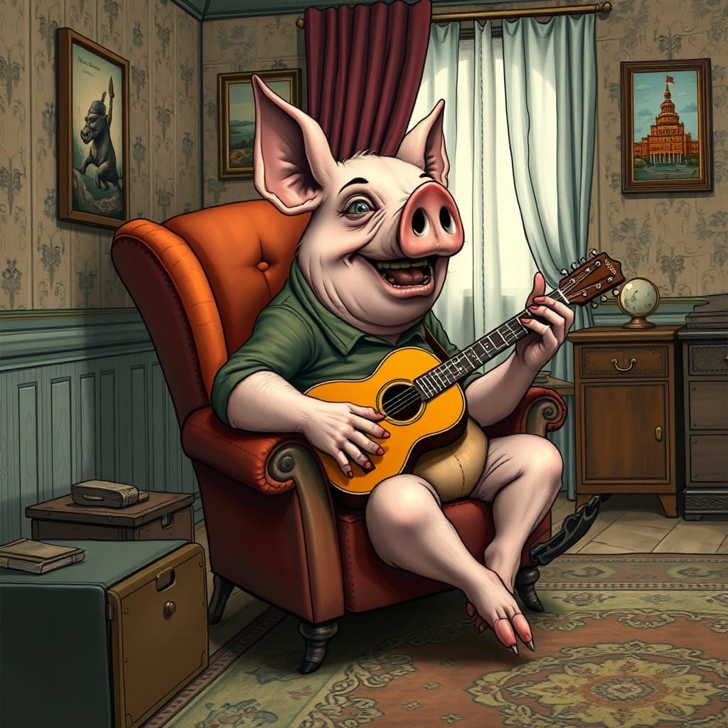 Pig in 1970s Soviet Apartment Plays Guitar in Grotesque Comi...