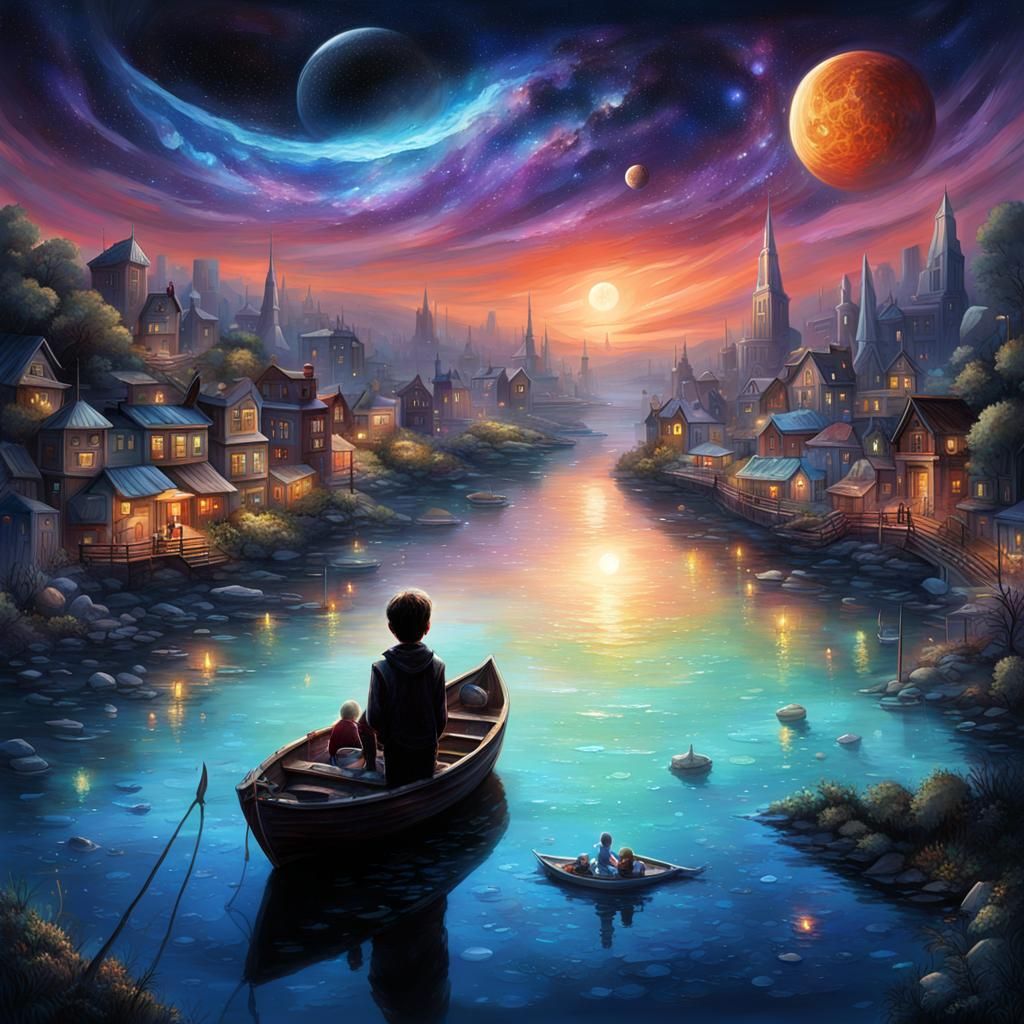 Boy and Alien Embrace Under Milky Way