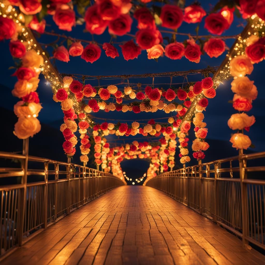 Golden Bridge Adorned with Colorful Roses
