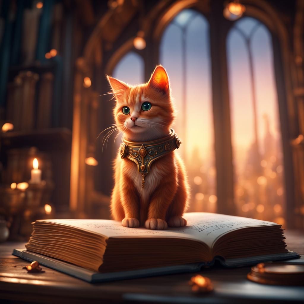 Ginger Kitten Reading on a Starry Night