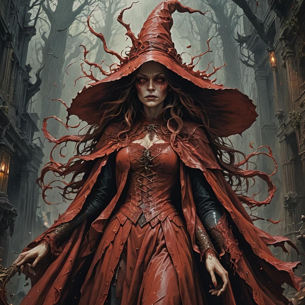 Hyperrealistic Red Witch in Dramatic Lighting