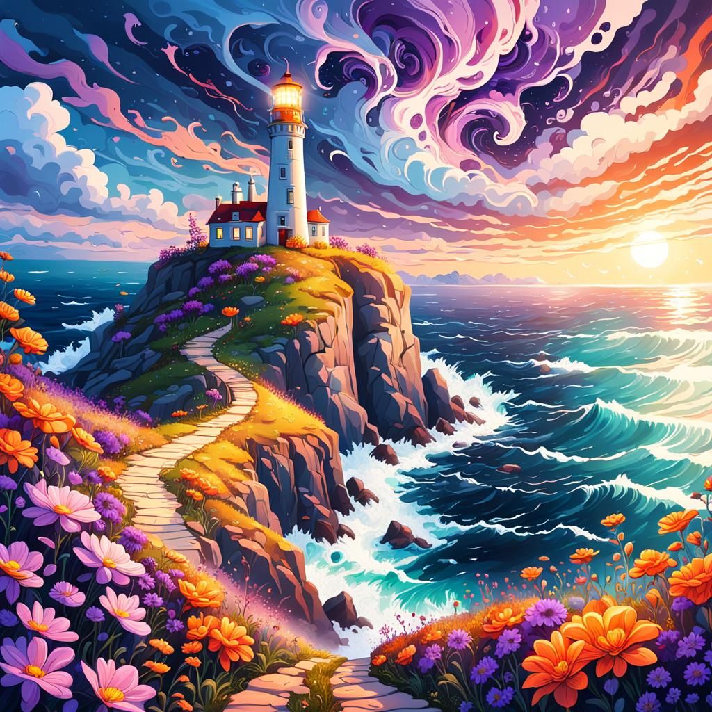Surreal Lighthouse Landscape with Cosmic Colors