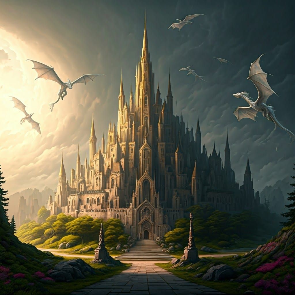 Golden Castle with White Dragons, Digital Art