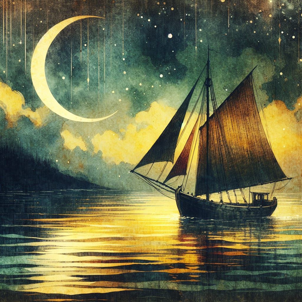 Sailing Boat on Lake in Dark Fantasy Watercolor