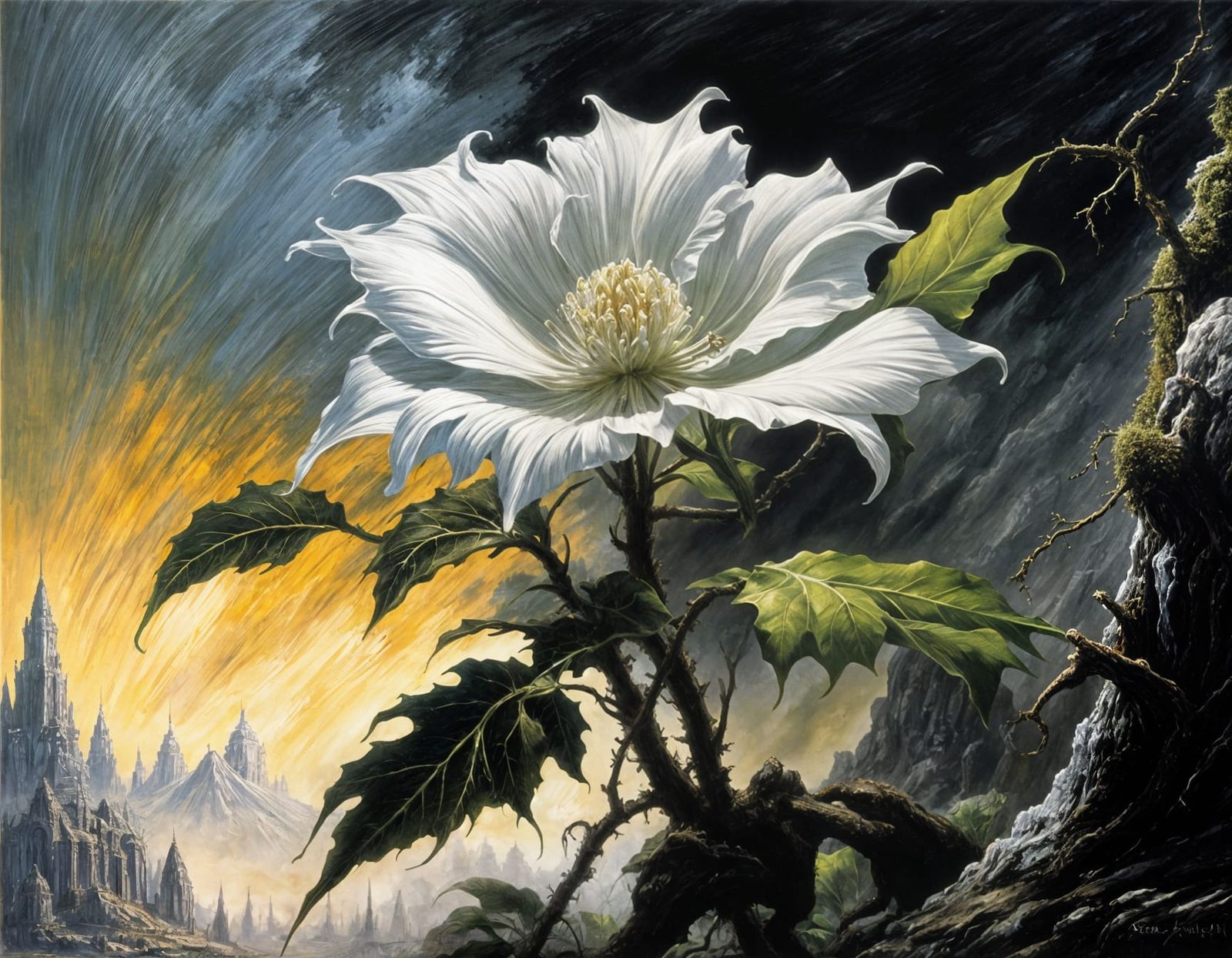 Dark Fantasy White Flower in Grimdark Oil Painting